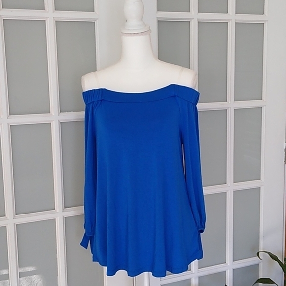 Cable & Gauge Cobalt Blue Off The Shoulder Tie Sleeve Blouse - Picture 3 of 12